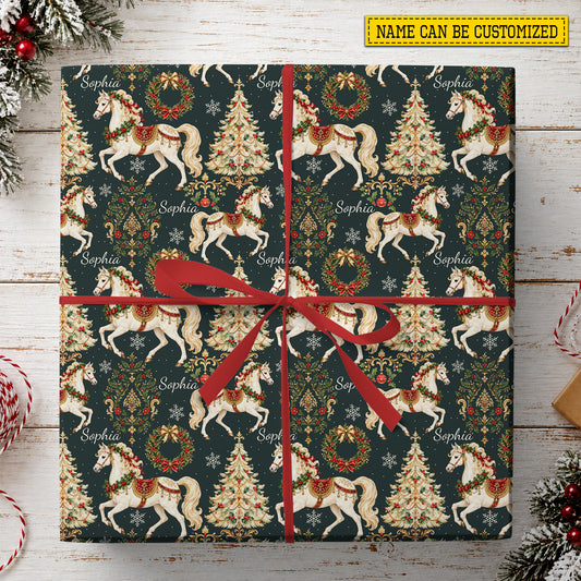 Vintage Personalized Christmas Unicorn Wrapping Paper, Magical White Unicorn With Christmas Tree Wrapping Paper Rolls, Xmas Gift Wrap For Unicorn Lover