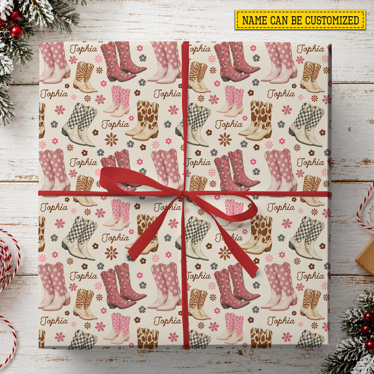 Personalized Christmas Cowgirl Wrapping Paper, Pink Floral Cowgirl Boots Wrapping Paper Rolls, Xmas Gift Wrap For Cowgirls