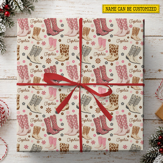 Personalized Christmas Cowgirl Wrapping Paper, Pink Floral Cowgirl Boots Wrapping Paper Rolls, Xmas Gift Wrap For Cowgirls