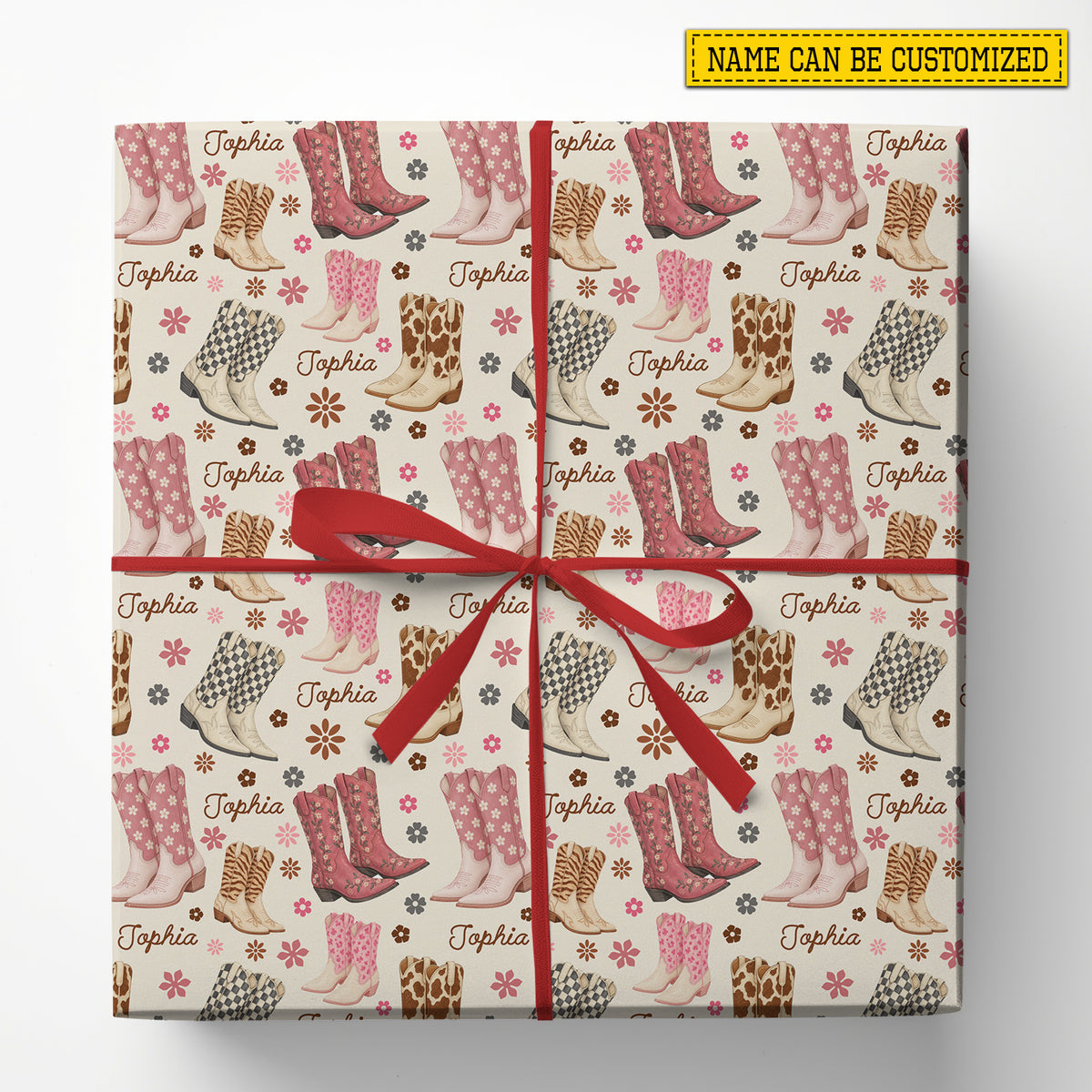 Personalized Christmas Cowgirl Wrapping Paper, Pink Floral Cowgirl Boots Wrapping Paper Rolls, Xmas Gift Wrap For Cowgirls