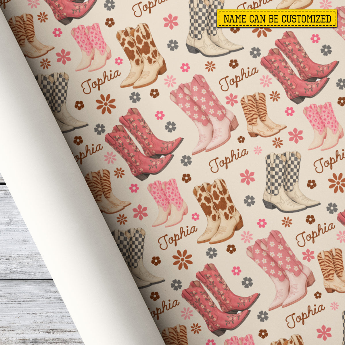 Personalized Christmas Cowgirl Wrapping Paper, Pink Floral Cowgirl Boots Wrapping Paper Rolls, Xmas Gift Wrap For Cowgirls