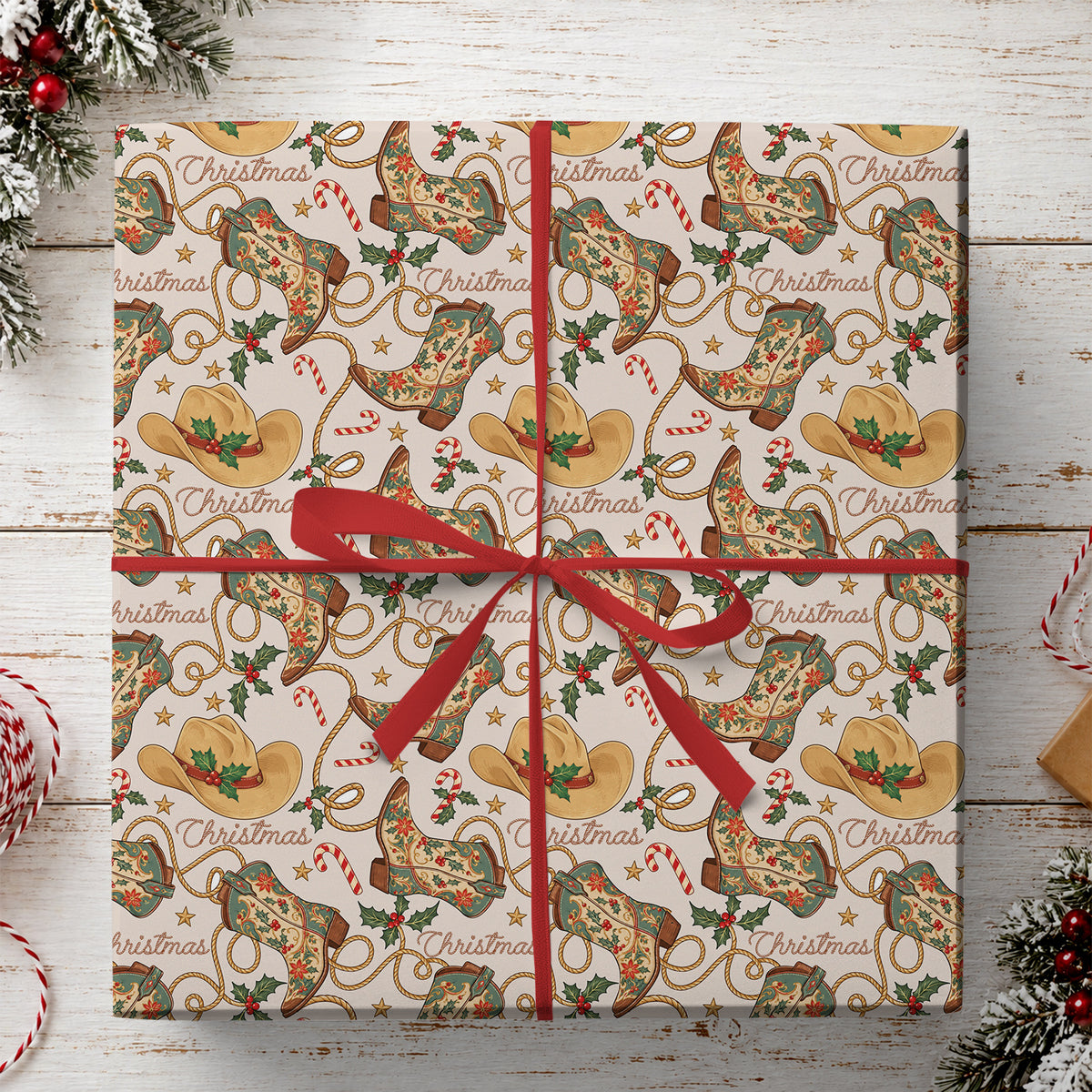 Vintage Western Christmas Cowboy Wrapping Paper, Boot Scootin' Christmas Wrapping Paper Rolls, Xmas Gift Wrap For Cowboys