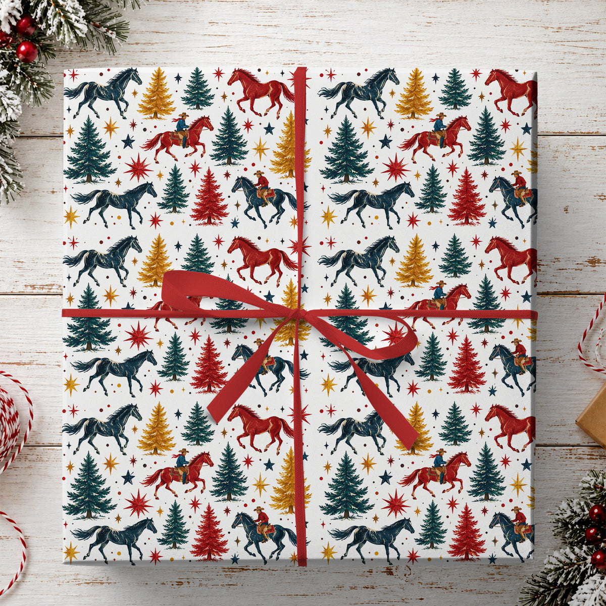 Vintage Christmas Cowboy Wrapping Paper, Galloping Into Christmas Wrapping Paper Rolls, Xmas Gift Wrap For Cowboys