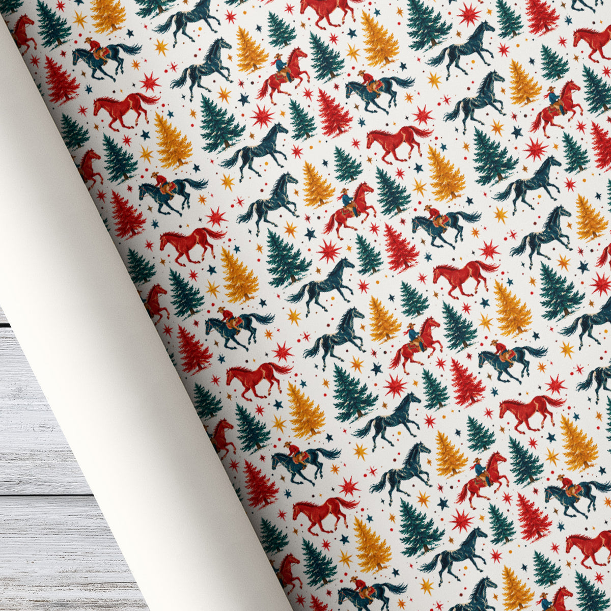 Vintage Christmas Cowboy Wrapping Paper, Galloping Into Christmas Wrapping Paper Rolls, Xmas Gift Wrap For Cowboys