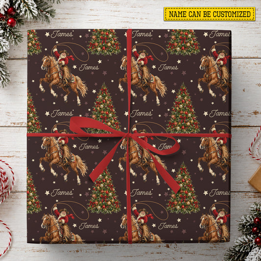 Vintage Personalized Christmas Cowboy Wrapping Paper, Howdy Santa Wrapping Paper Rolls, Xmas Gift Wrap For Cowboys