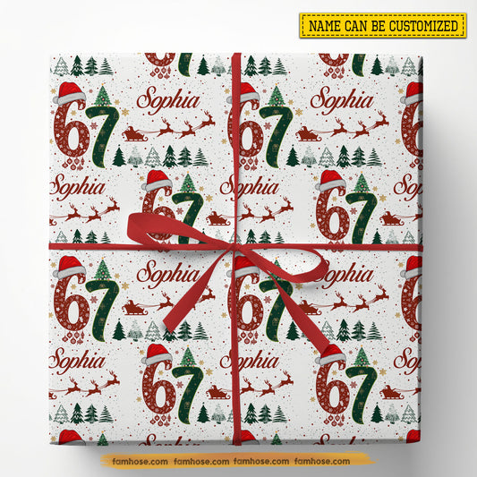 Personalized Christmas 67 Meme Wrapping Paper, Six Seven With Santa Riding Sleigh In White Background Wrapping Paper Rolls Xmas Gift
