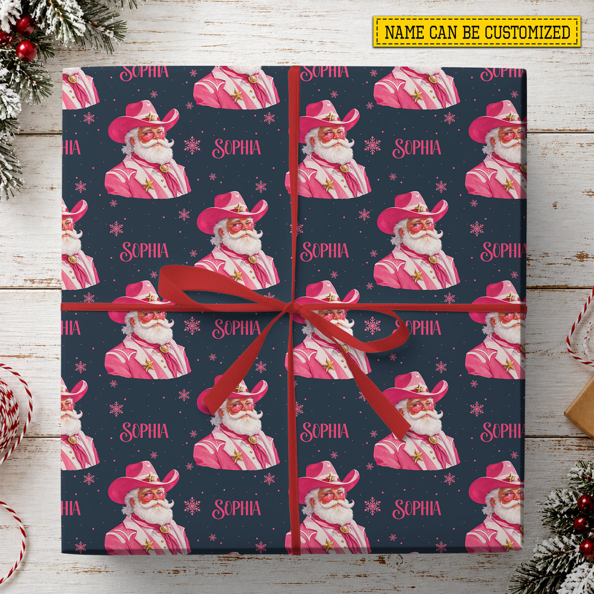 Personalized Christmas Cowboy Wrapping Paper, Howdy Christmas Pink Cowboy Santa Wrapping Paper Rolls, Xmas Gift Wrap For Cowboys