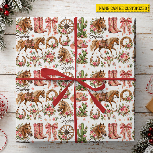Personalized Christmas Cowgirl Wrapping Paper, Pretty In Pink Wrapping Paper Rolls, Xmas Gift Wrap For Cowgirls