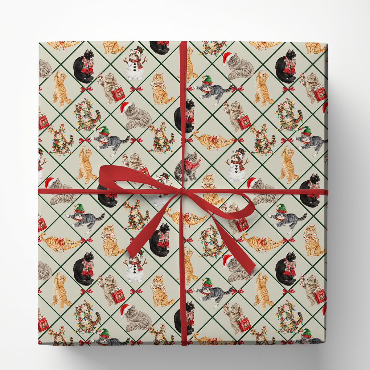 Vintage Christmas Cat Wrapping Paper, Festive Kittens In Santa Hats And Scarves Wrapping Paper Rolls, Xmas Gift Wrap For Cat Lover