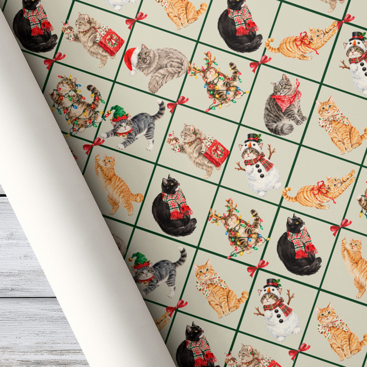 Vintage Christmas Cat Wrapping Paper, Festive Kittens In Santa Hats And Scarves Wrapping Paper Rolls, Xmas Gift Wrap For Cat Lover