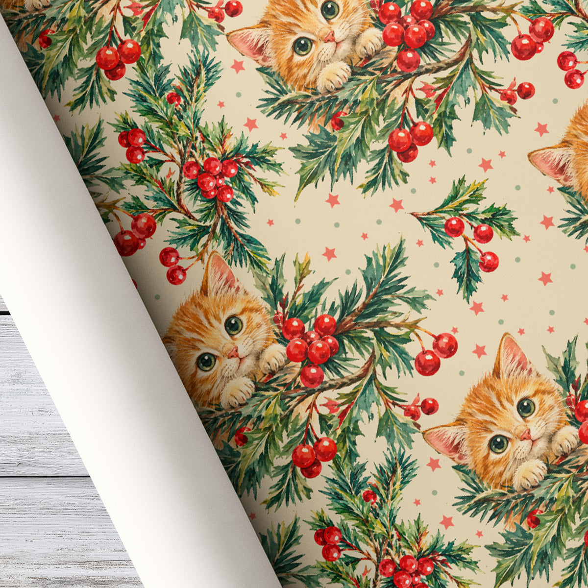 Vintage Christmas Cat Wrapping Paper, Cute Orange Tabby Kitten With Holly Berries Wrapping Paper Rolls, Xmas Gift Wrap For Cat Lover