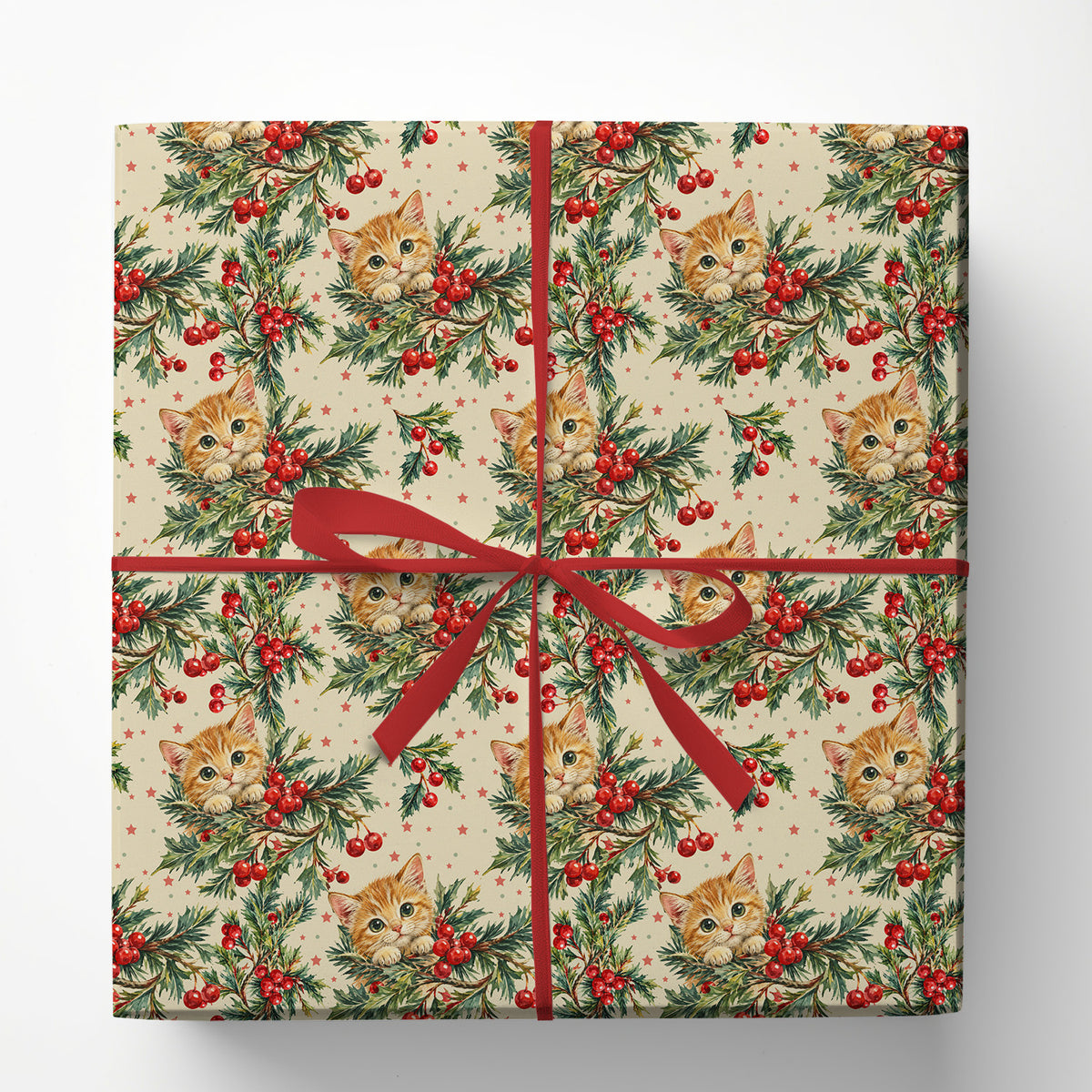 Vintage Christmas Cat Wrapping Paper, Cute Orange Tabby Kitten With Holly Berries Wrapping Paper Rolls, Xmas Gift Wrap For Cat Lover