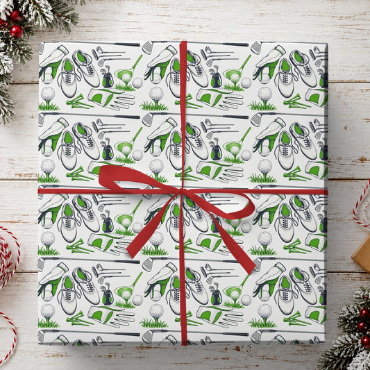 Golf Wrapping Paper, Golf Clubs Balls And Shoes Pattern Wrapping Paper Rolls, Gift Wrap For Golf Lover