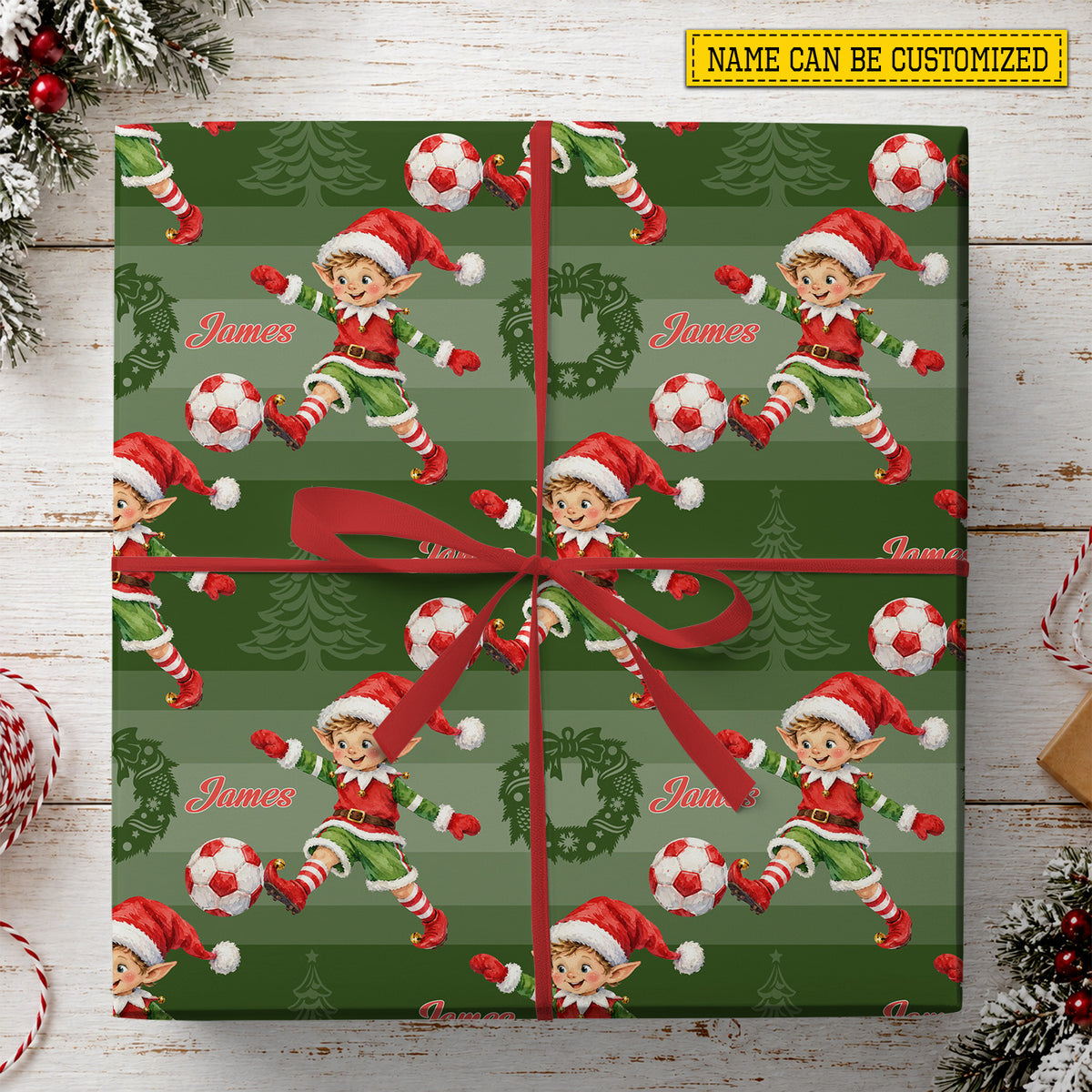 Personalized Christmas Soccer Elf Wrapping Paper, Santa Elf Playing Soccer Wrapping Paper Rolls, Xmas Gift Wrap For Soccer Lover