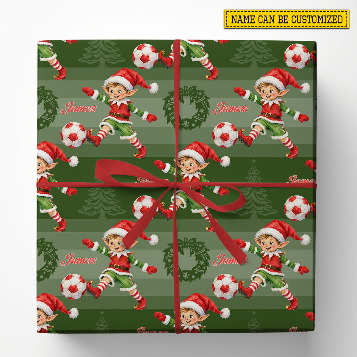 Personalized Christmas Soccer Elf Wrapping Paper, Santa Elf Playing Soccer Wrapping Paper Rolls, Xmas Gift Wrap For Soccer Lover