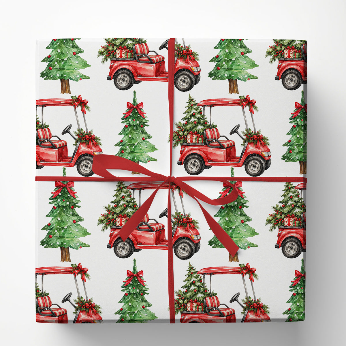 Christmas Golf Cart Wrapping Paper, Red Golf Cart And Christmas Tree Wrapping Paper Rolls, Xmas Gift Wrap For Golf Lover