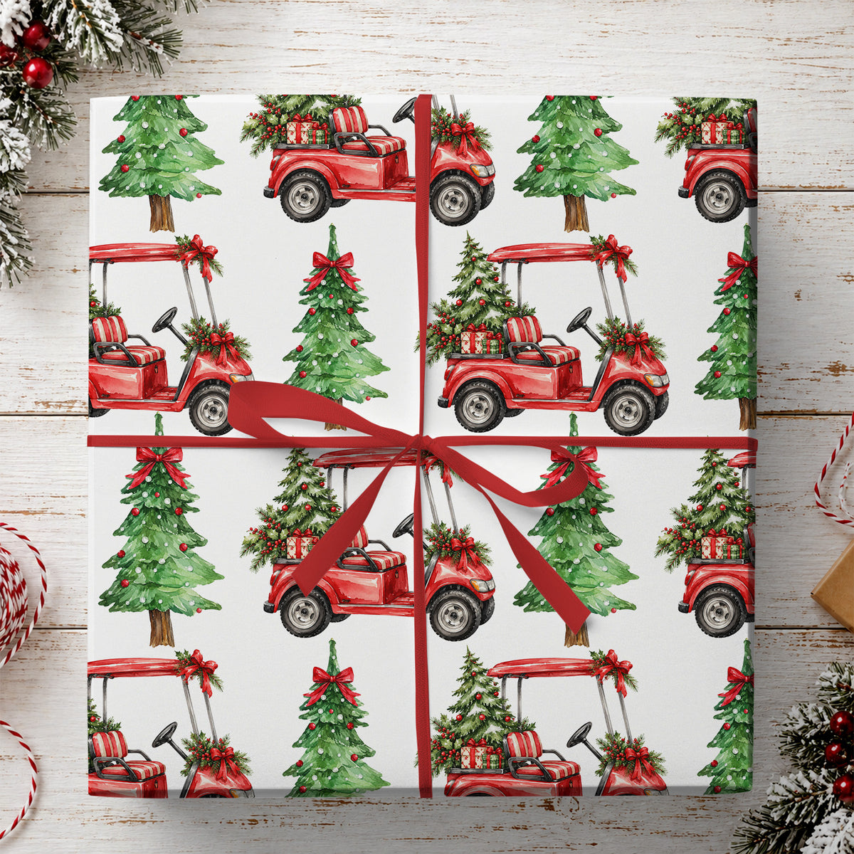Christmas Golf Cart Wrapping Paper, Red Golf Cart And Christmas Tree Wrapping Paper Rolls, Xmas Gift Wrap For Golf Lover