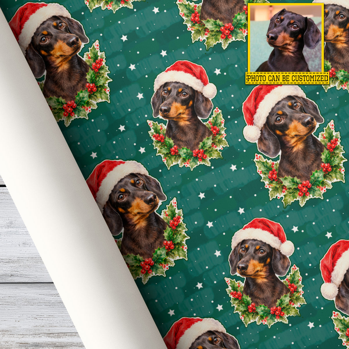 Personalized Christmas Dachshund Dog Wrapping Paper, Santa Hat & Holly Berry Wrapping Paper Rolls, Xmas Gift Wrap For Dog Lover