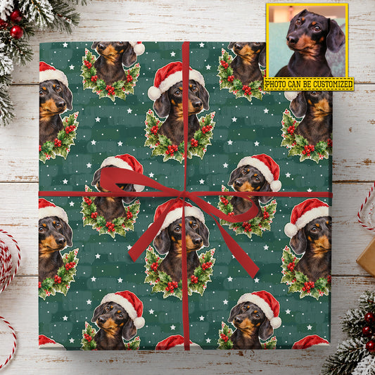 Personalized Christmas Dachshund Dog Wrapping Paper, Santa Hat & Holly Berry Wrapping Paper Rolls, Xmas Gift Wrap For Dog Lover