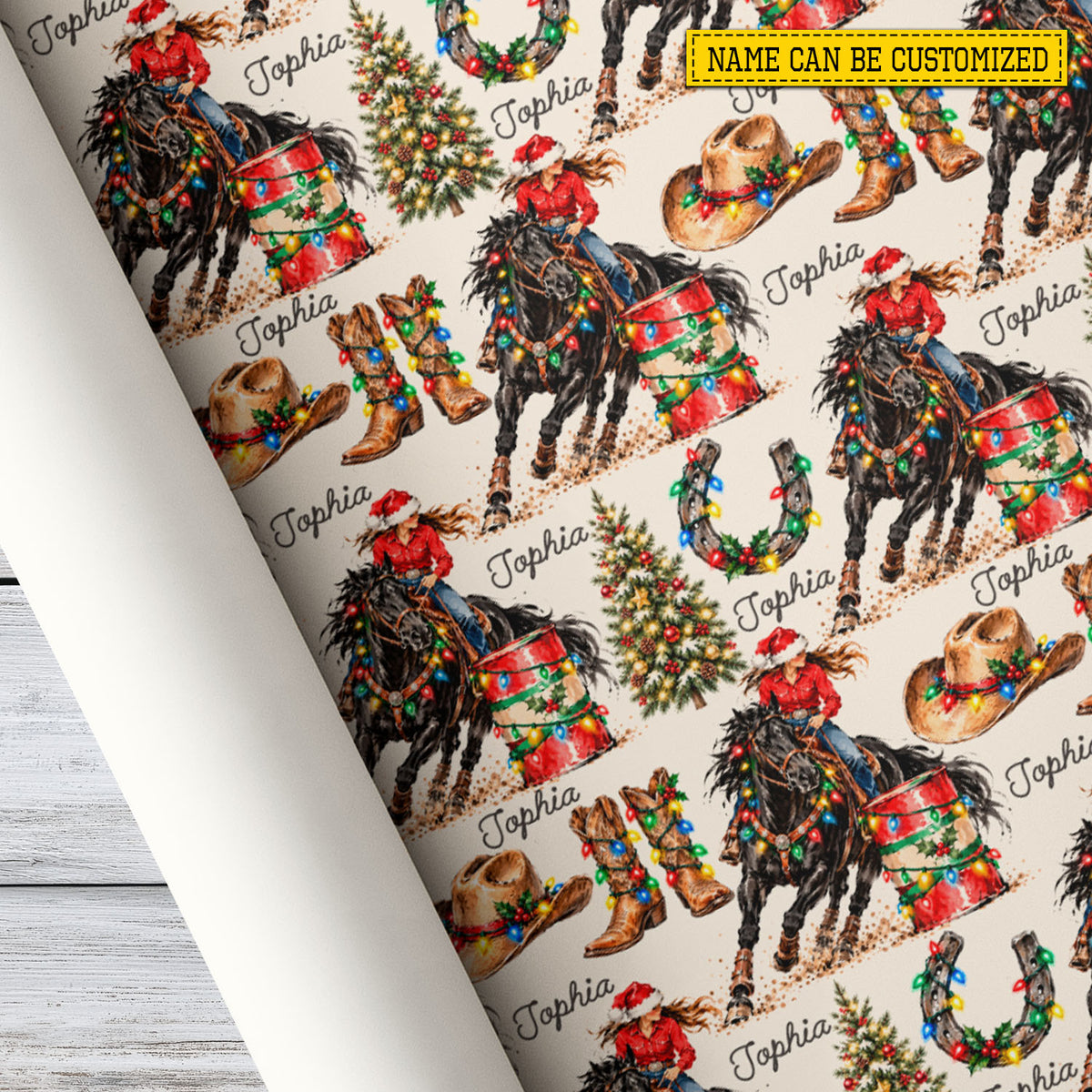 Personalized Christmas Barrel Racing Wrapping Paper, Cowgirl Riding Horse With Santa Hat Wrapping Paper Rolls, Xmas Gift Wrap For Barrel Racing Lover