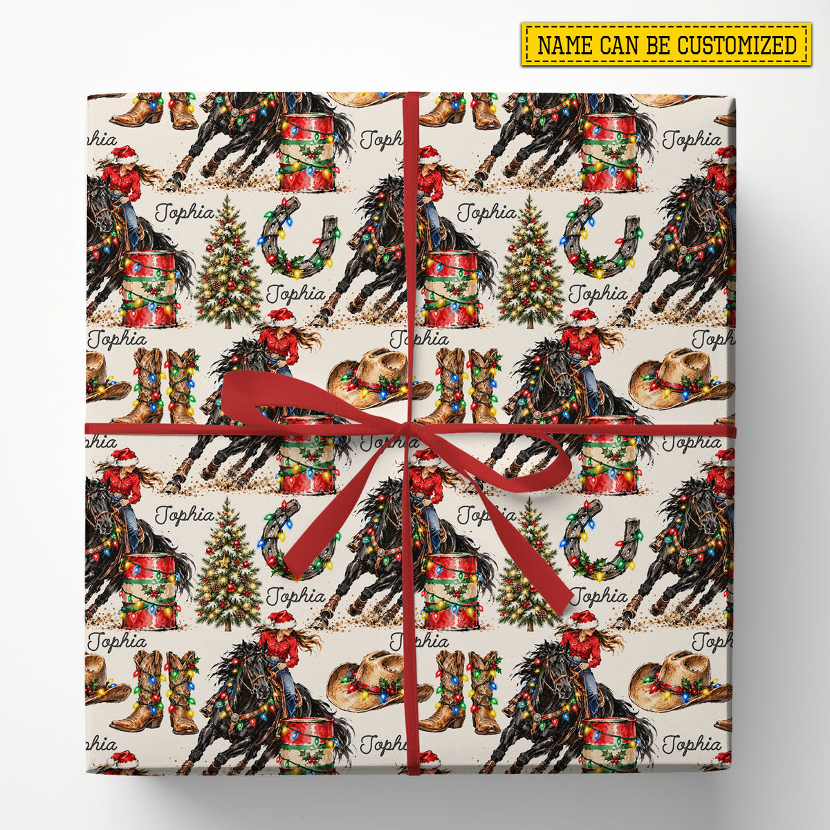 Personalized Christmas Barrel Racing Wrapping Paper, Cowgirl Riding Horse With Santa Hat Wrapping Paper Rolls, Xmas Gift Wrap For Barrel Racing Lover