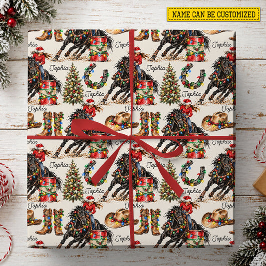 Personalized Christmas Barrel Racing Wrapping Paper, Cowgirl Riding Horse With Santa Hat Wrapping Paper Rolls, Xmas Gift Wrap For Barrel Racing Lover