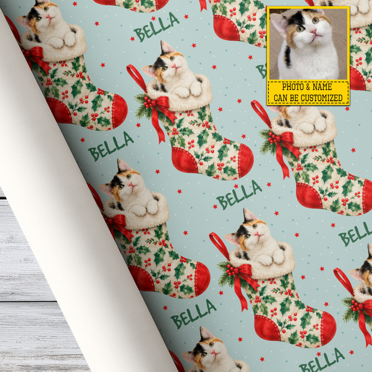Personalized Christmas Cat Wrapping Paper, Pet In Holly Stockings Wrapping Paper Rolls, Xmas Gift Wrap For Cat Lover