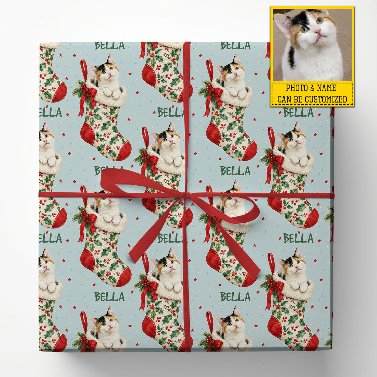 Personalized Christmas Cat Wrapping Paper, Pet In Holly Stockings Wrapping Paper Rolls, Xmas Gift Wrap For Cat Lover
