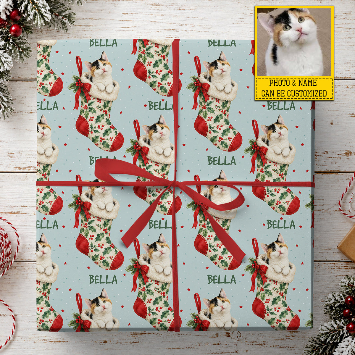 Personalized Christmas Cat Wrapping Paper, Pet In Holly Stockings Wrapping Paper Rolls, Xmas Gift Wrap For Cat Lover