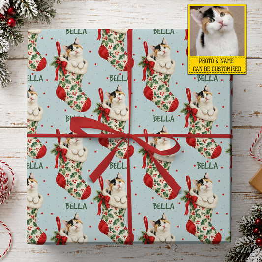 Personalized Christmas Cat Wrapping Paper, Pet In Holly Stockings Wrapping Paper Rolls, Xmas Gift Wrap For Cat Lover