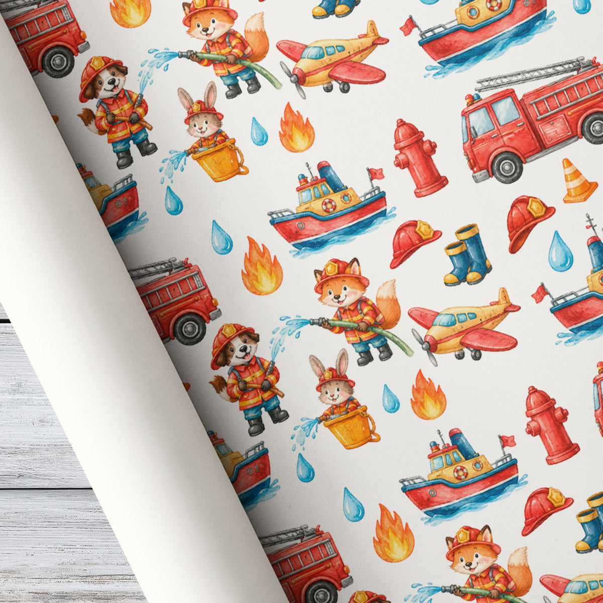 Firefighter Wrapping Paper, Cute Animal Firefighters & Fire Truck Pattern Wrapping Paper Rolls, Gift Wrap For Firefighter Lover