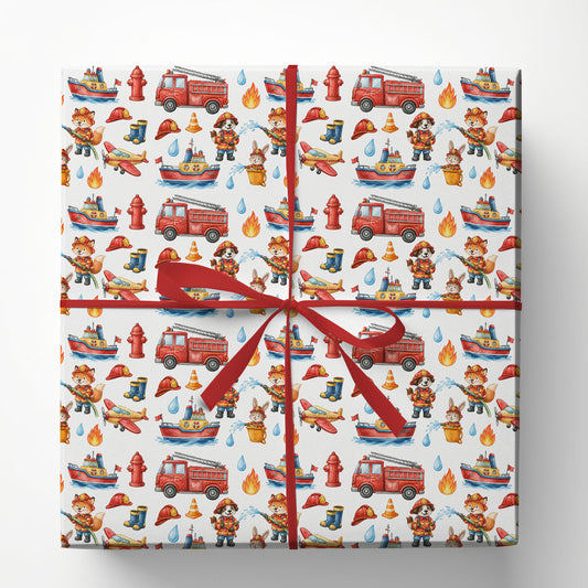 Firefighter Wrapping Paper, Cute Animal Firefighters & Fire Truck Pattern Wrapping Paper Rolls, Gift Wrap For Firefighter Lover