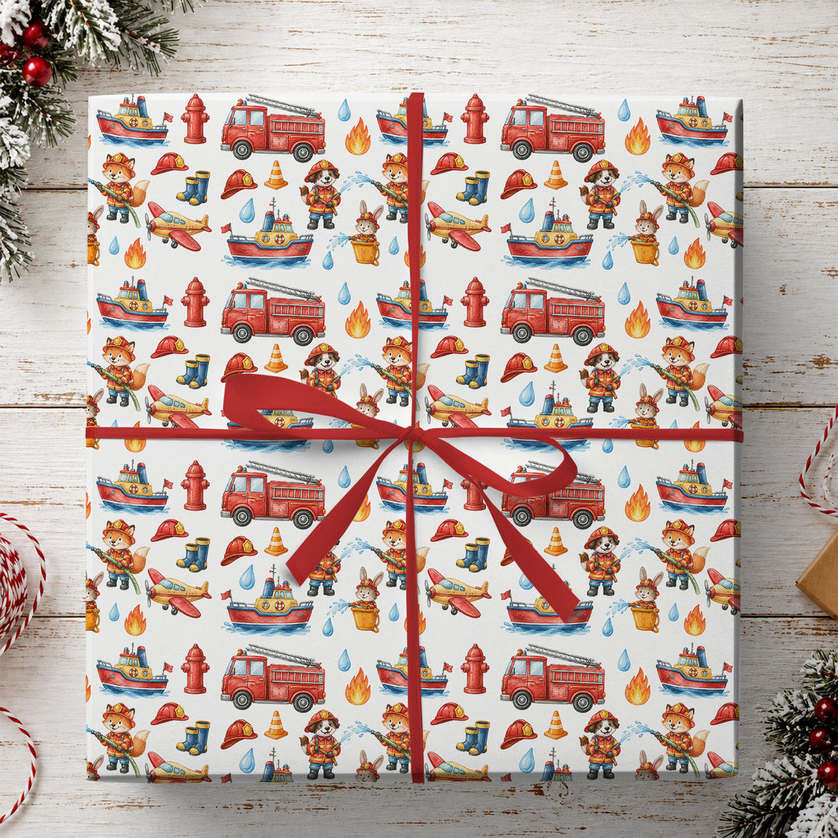 Firefighter Wrapping Paper, Cute Animal Firefighters & Fire Truck Pattern Wrapping Paper Rolls, Gift Wrap For Firefighter Lover