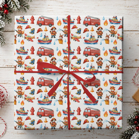 Firefighter Wrapping Paper, Cute Animal Firefighters & Fire Truck Pattern Wrapping Paper Rolls, Gift Wrap For Firefighter Lover