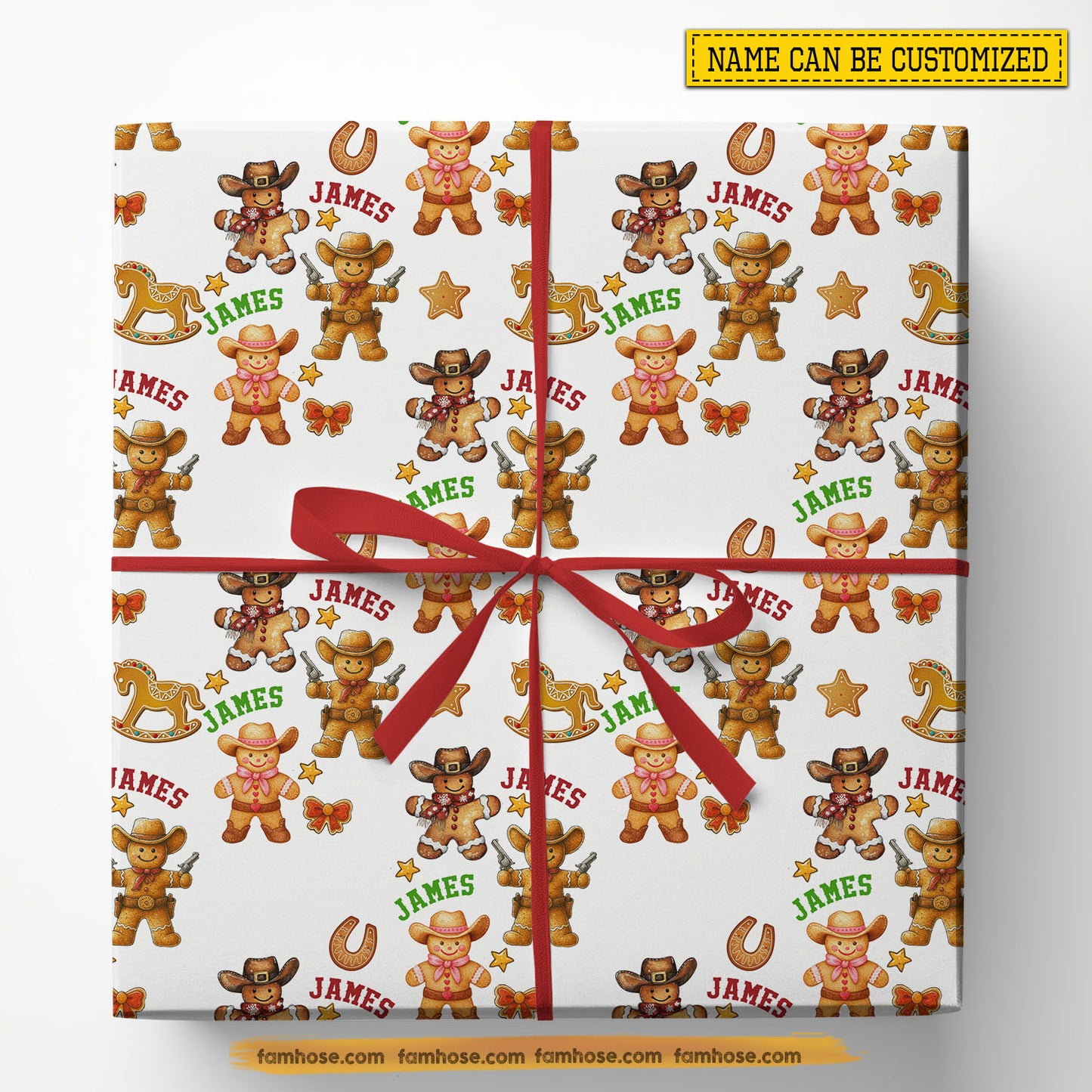 Personalized Christmas Cowboy Cake Wrapping Paper, Gingerbread Cowboy Man Wrapping Paper Rolls, Xmas Gift Wrap For Cowboy