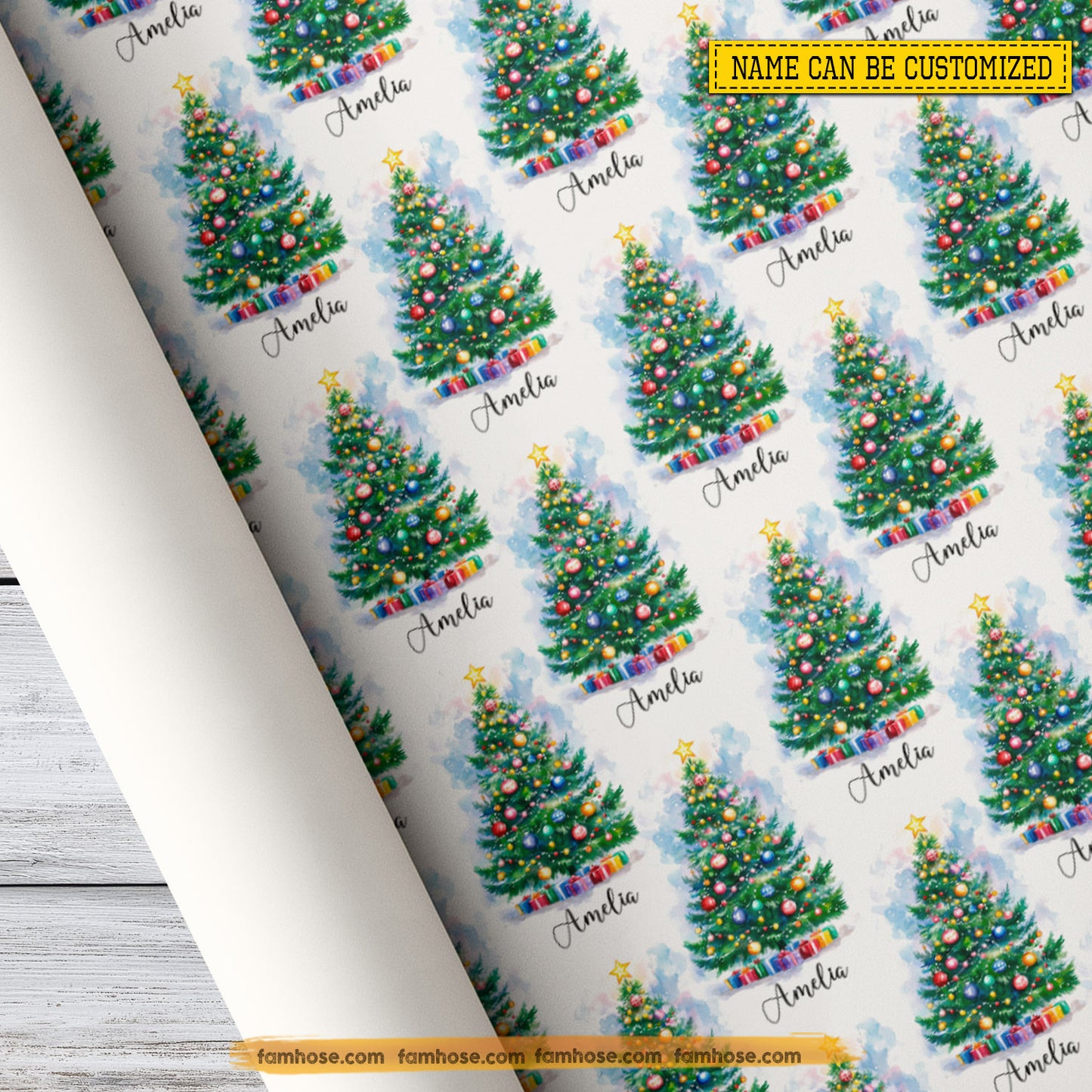 Personalized Christmas Tree Wrapping Paper, Christmas Tree In Snow Background Wrapping Paper Rolls Xmas Gift