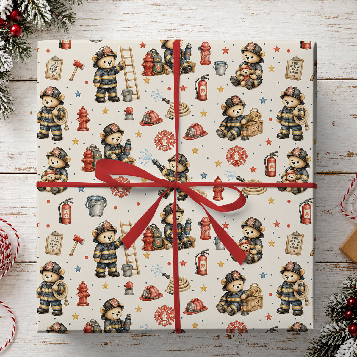 Cute Firefighter Teddy Bear Wrapping Paper, Fireman Bears And Fire Rescue Pattern Wrapping Paper Rolls, Gift Wrap For Firefighter Lover