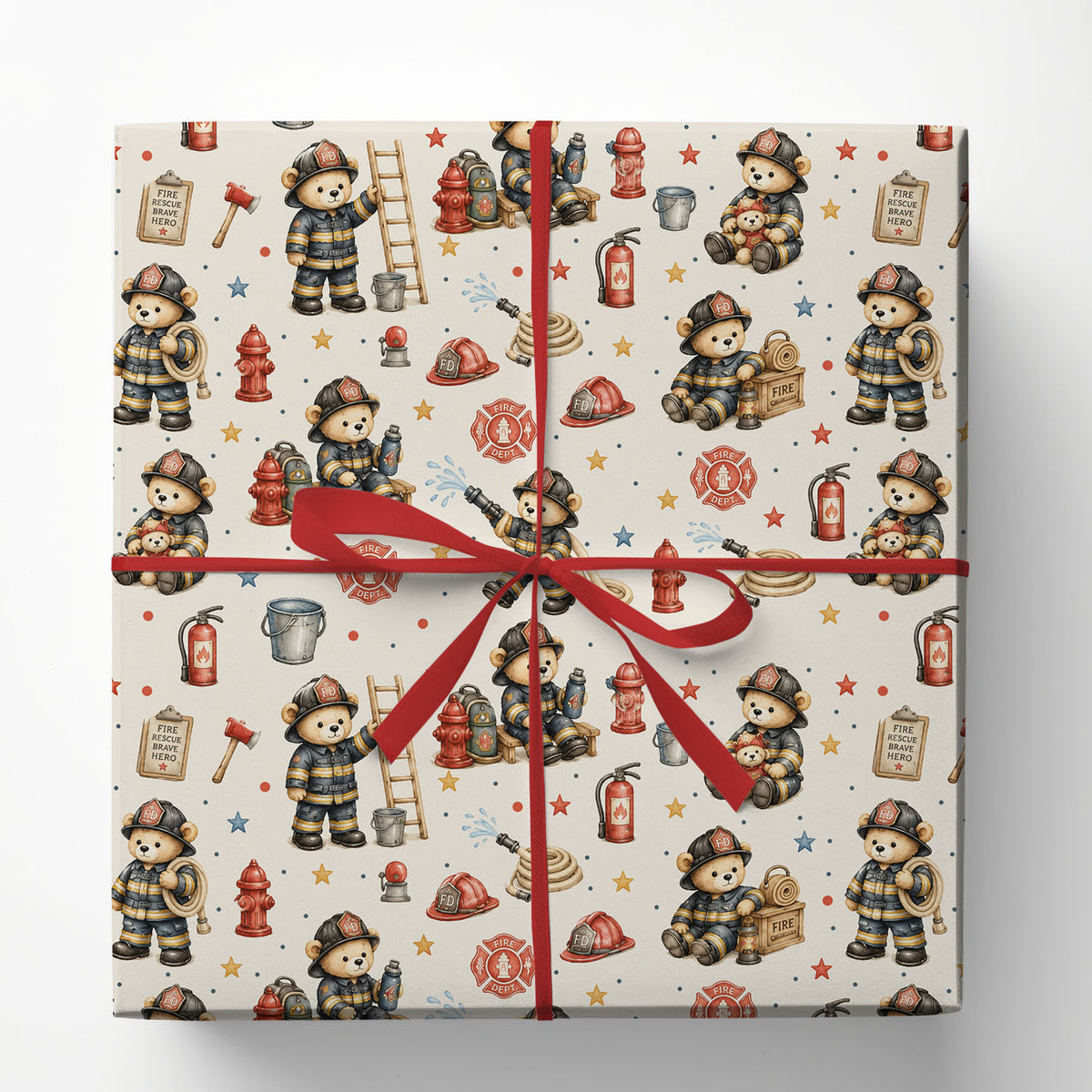 Cute Firefighter Teddy Bear Wrapping Paper, Fireman Bears And Fire Rescue Pattern Wrapping Paper Rolls, Gift Wrap For Firefighter Lover