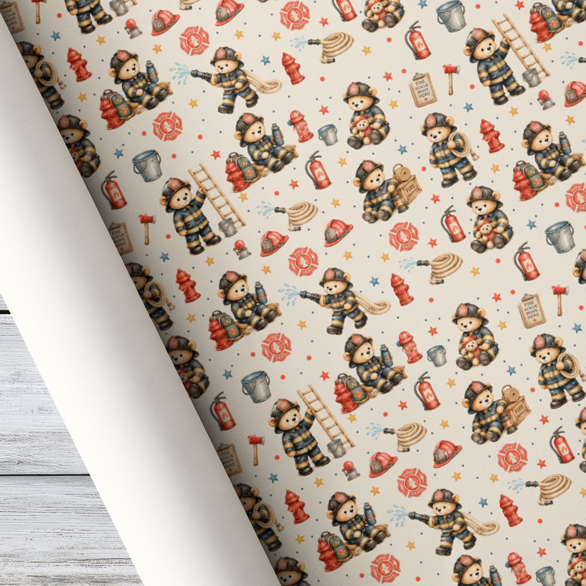 Cute Firefighter Teddy Bear Wrapping Paper, Fireman Bears And Fire Rescue Pattern Wrapping Paper Rolls, Gift Wrap For Firefighter Lover