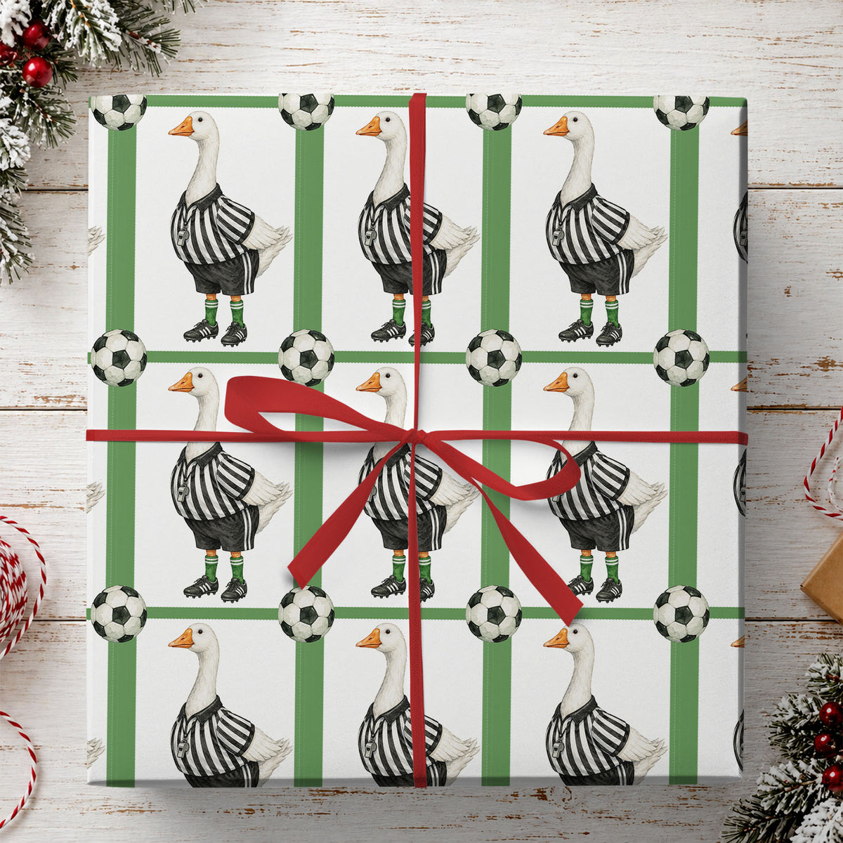 Funny Soccer Goose Wrapping Paper, Cute Goose Referee & Soccer Ball Pattern Sport Wrapping Paper Rolls, Gift Wrap For Soccer Lover
