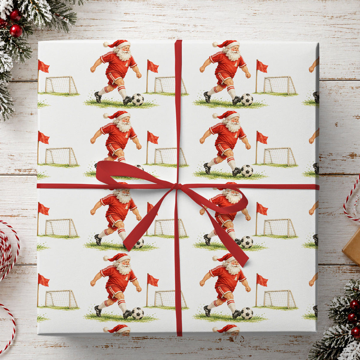 Christmas Soccer Wrapping Paper, Santa Claus Playing Soccer Wrapping Paper Rolls, Xmas Gift Wrap For Soccer Lover