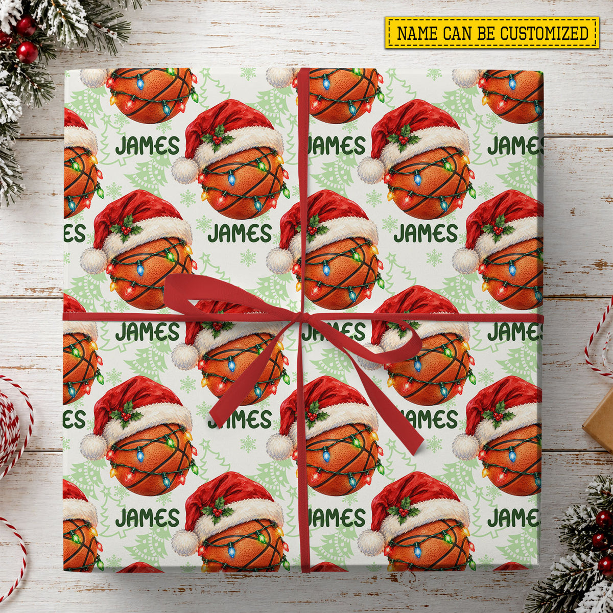 Personalized Christmas Basketball Wrapping Paper, Santa Hat Basketball Wrapping Paper Rolls, Xmas Gift Wrap For Basketball Lover