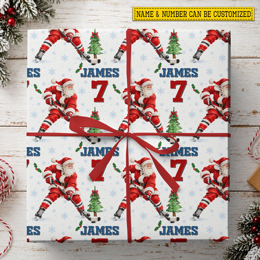 Personalized Christmas Hockey Wrapping Paper, Santa Hits The Ice Sport Wrapping Paper Rolls, Xmas Gift Wrap For Hockey Lover
