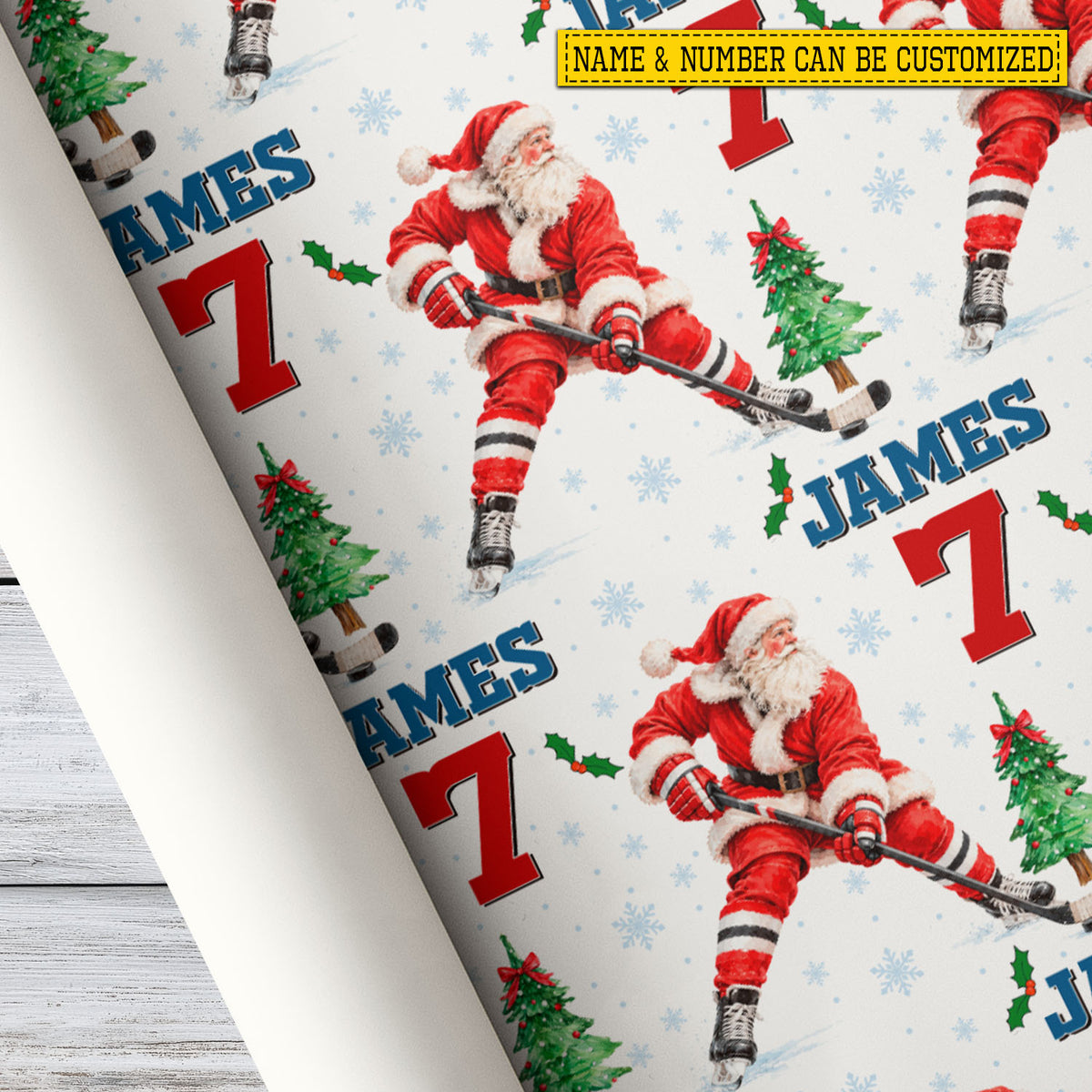 Personalized Christmas Hockey Wrapping Paper, Santa Hits The Ice Sport Wrapping Paper Rolls, Xmas Gift Wrap For Hockey Lover