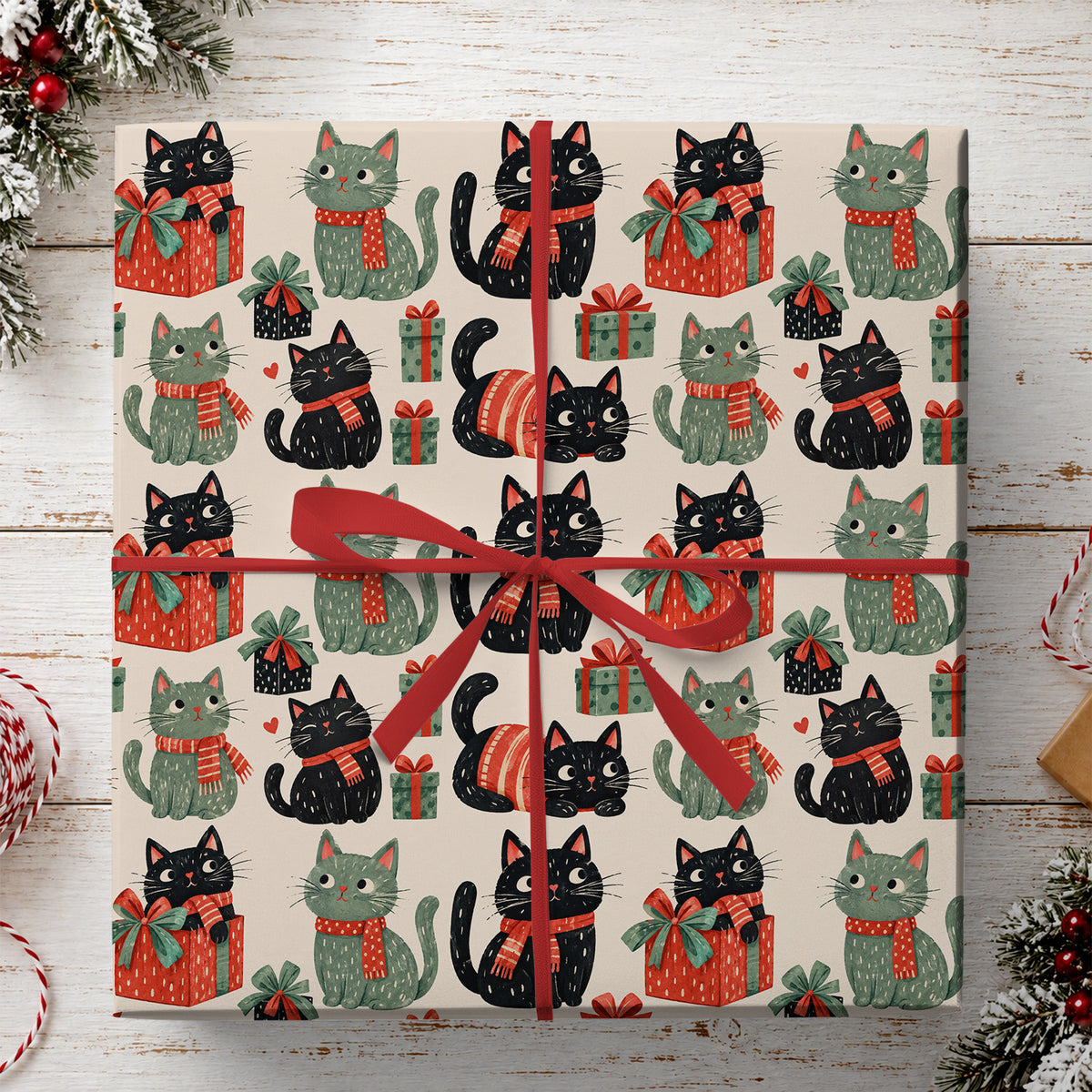 Cute Christmas Cat Wrapping Paper, Black And Gray Kitty With Presents Wrapping Paper Rolls, Xmas Gift Wrap For Cat Lover