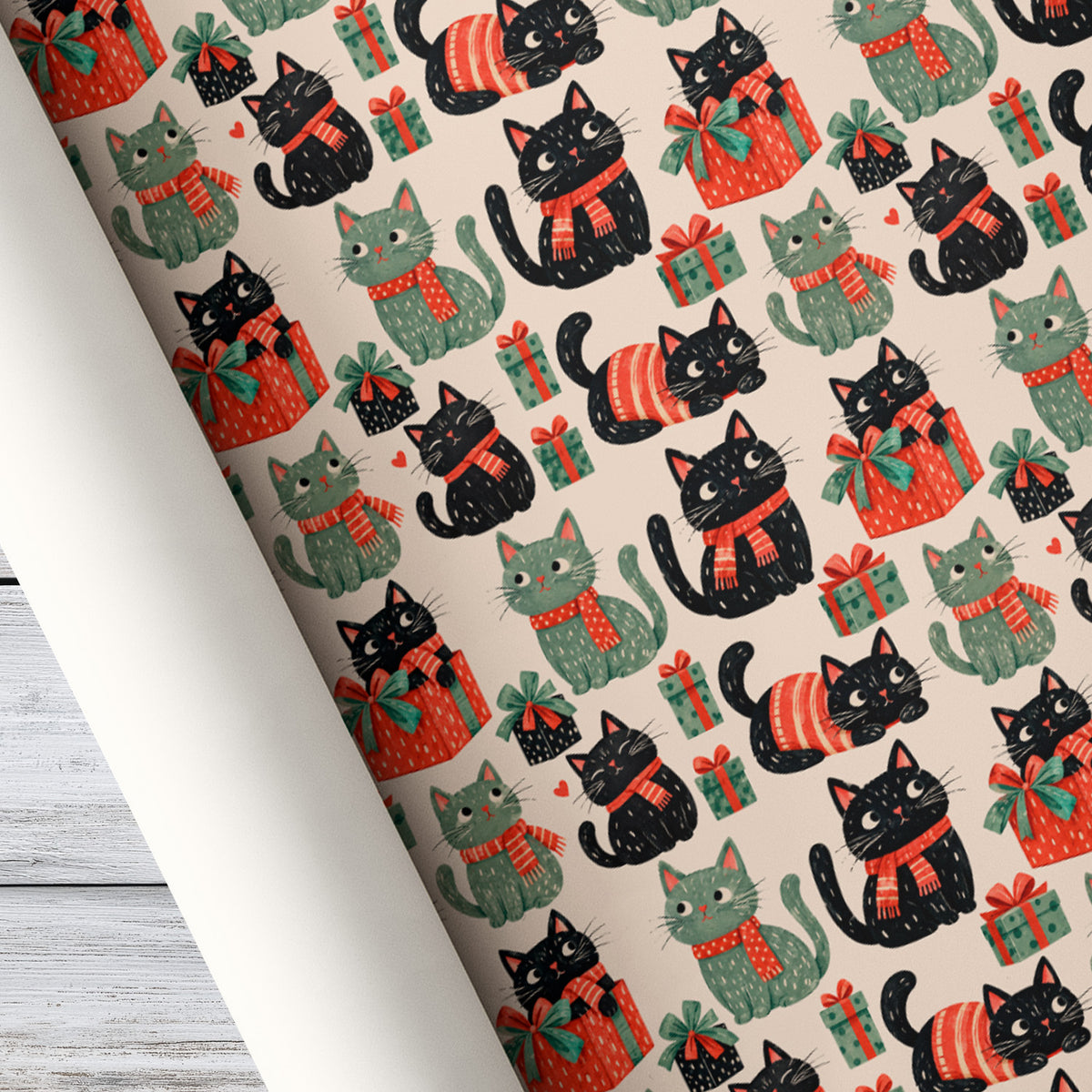 Cute Christmas Cat Wrapping Paper, Black And Gray Kitty With Presents Wrapping Paper Rolls, Xmas Gift Wrap For Cat Lover