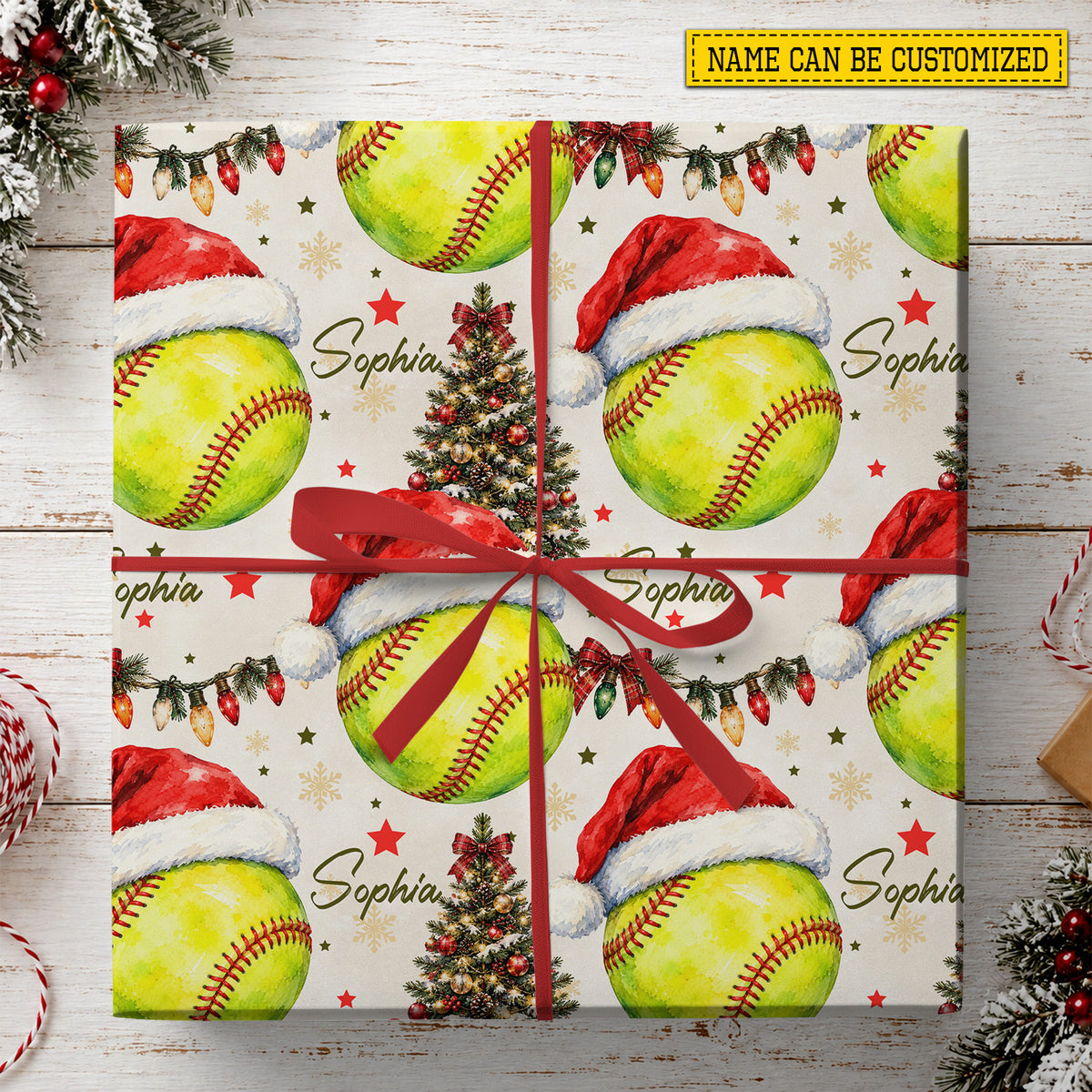 Personalized Christmas Softball Wrapping Paper, Softball With Santa Hat Wrapping Paper Rolls, Xmas Gift Wrap For Softball Lover