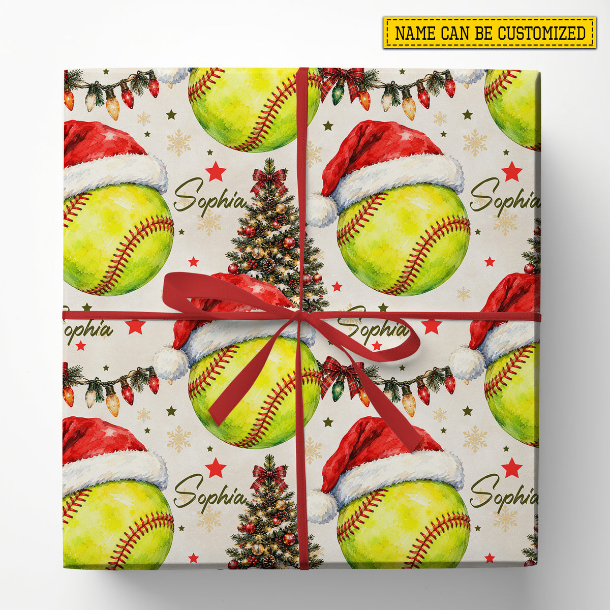 Personalized Christmas Softball Wrapping Paper, Softball With Santa Hat Wrapping Paper Rolls, Xmas Gift Wrap For Softball Lover