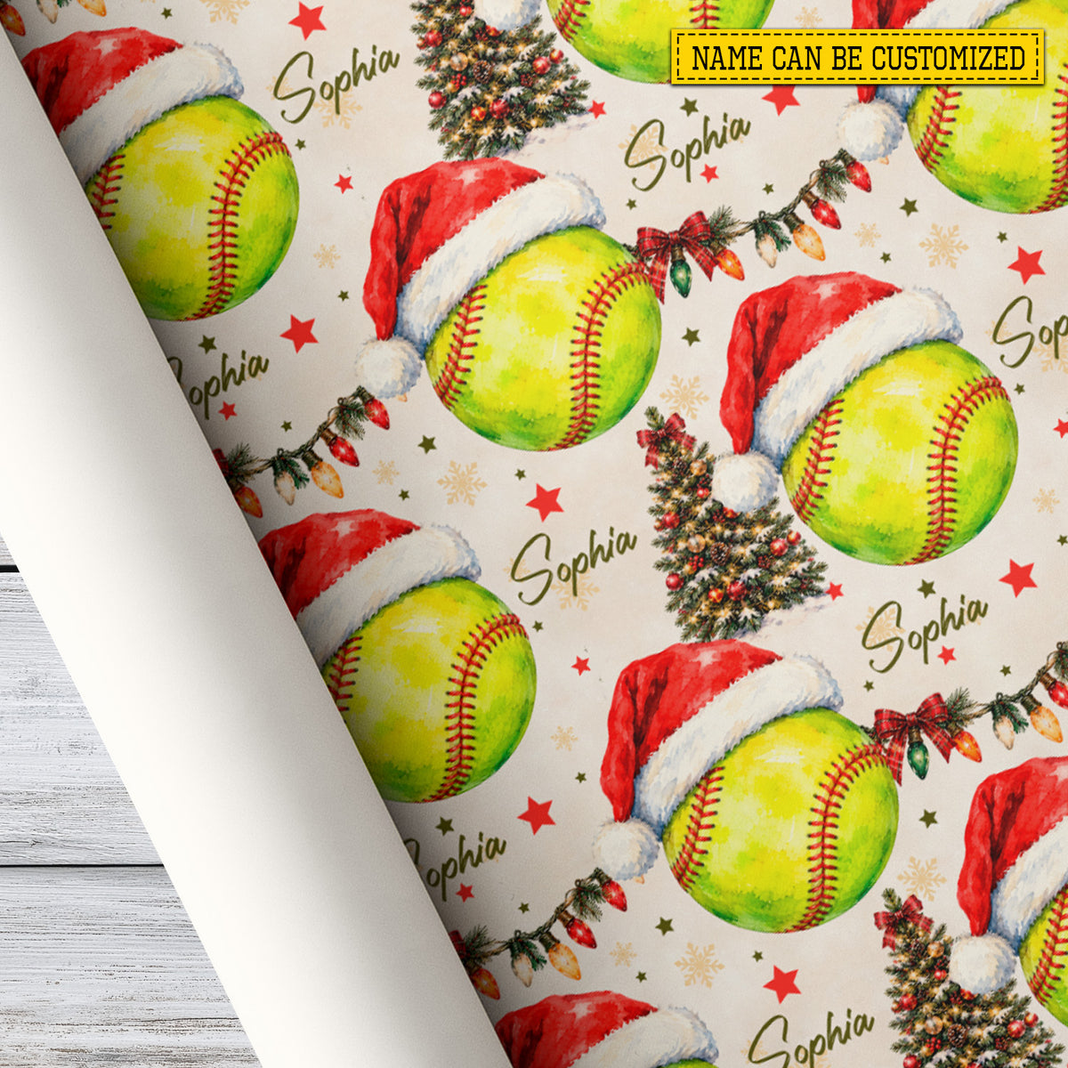 Personalized Christmas Softball Wrapping Paper, Softball With Santa Hat Wrapping Paper Rolls, Xmas Gift Wrap For Softball Lover