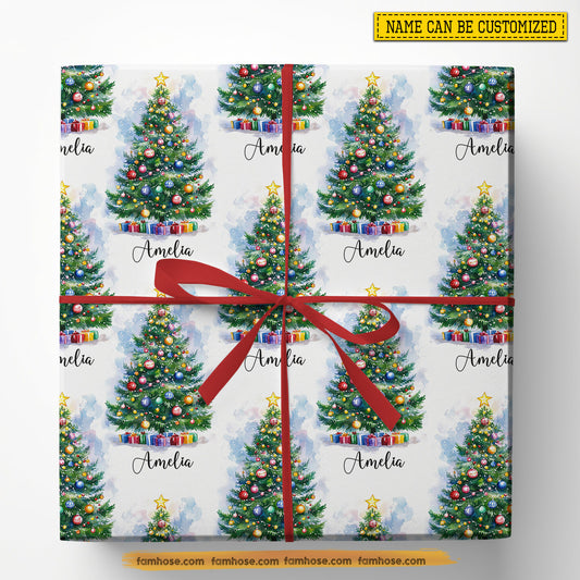 Personalized Christmas Tree Wrapping Paper, Christmas Tree In Snow Background Wrapping Paper Rolls Xmas Gift
